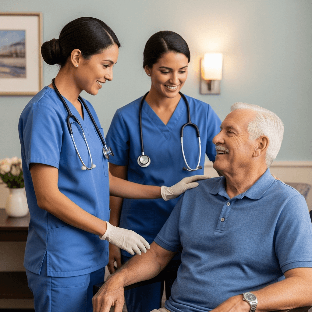 Nurse assisting senior resident